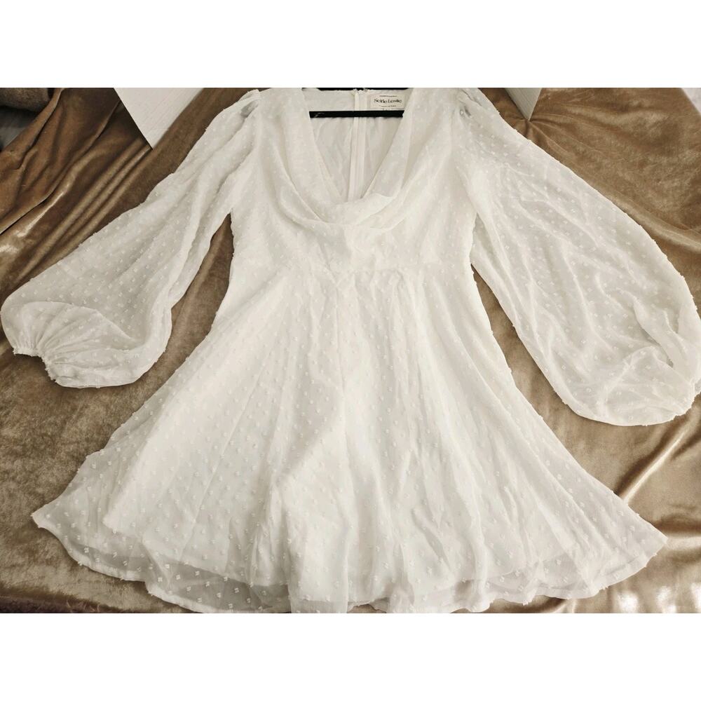 Selfie Leslie Hand In Mine Indie Mini Dress L Boho Ruffle Sleeve White Mint Casu - Picture 2 of 13